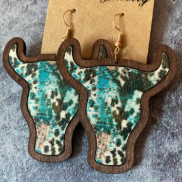 NWT Brown Cow Print Style Boho Western Longhorn Aztec Cowhide Print Wood - Picture 3 of 4